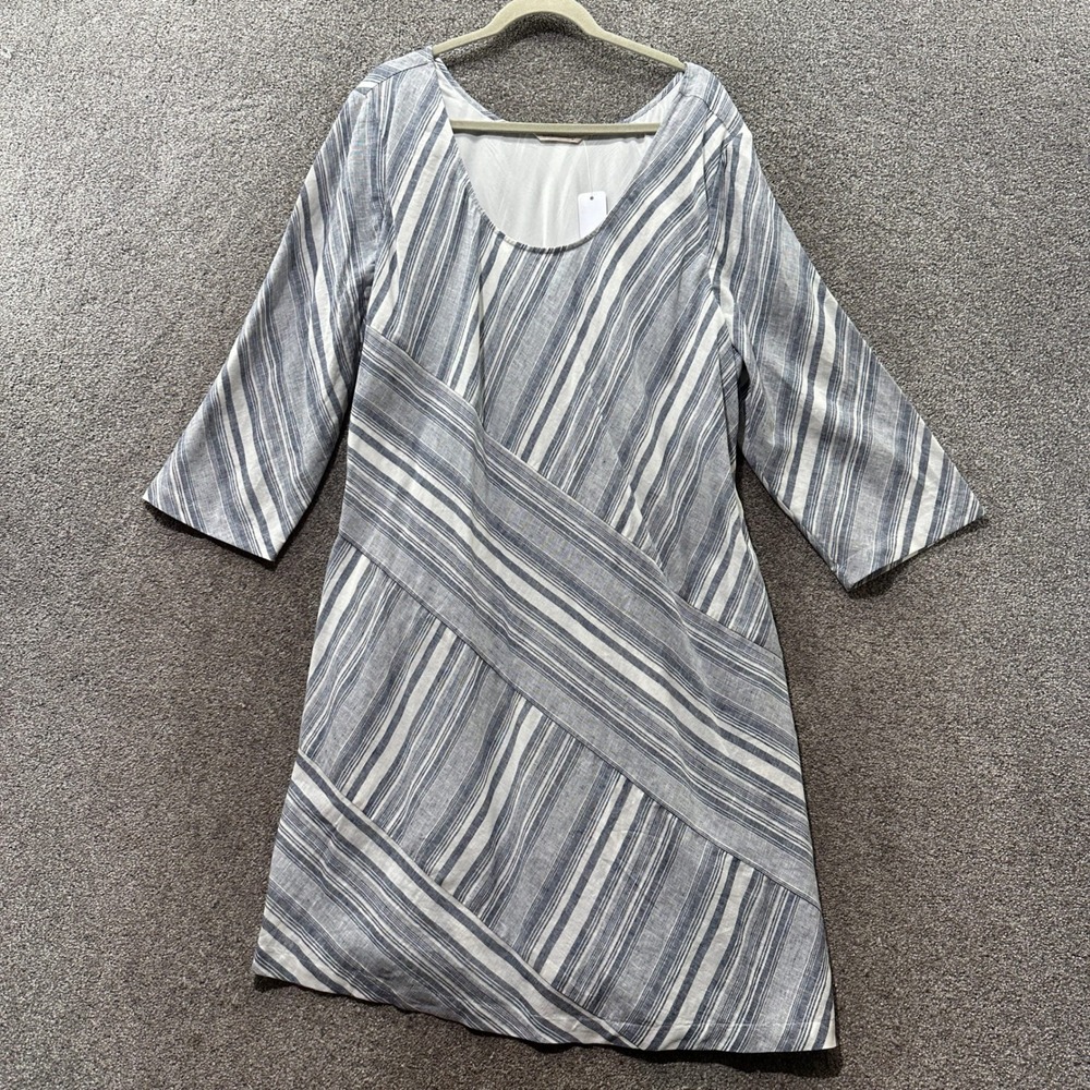 Soft Surroundings Sonya Linen Dress 2X Blue Striped 3/4 Sleeve Coastal Summer